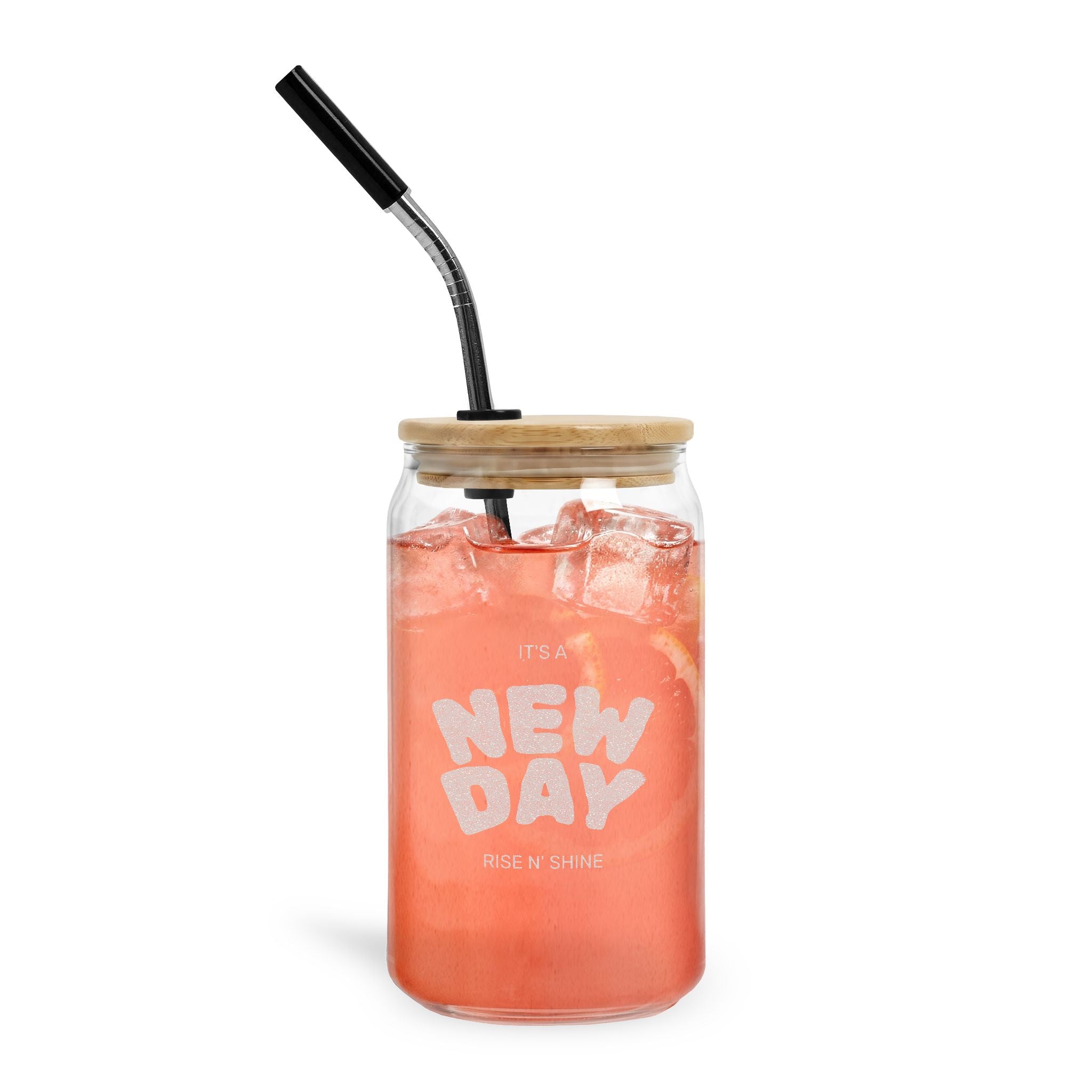 16oz Engraved Can Glass with Lid & Straw — "New Day" Inspirational Drink Jar