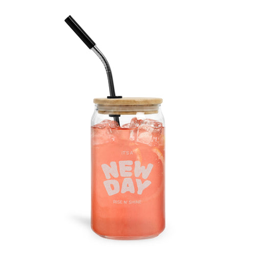 16oz Engraved Can Glass with Lid & Straw — "New Day" Inspirational Drink Jar