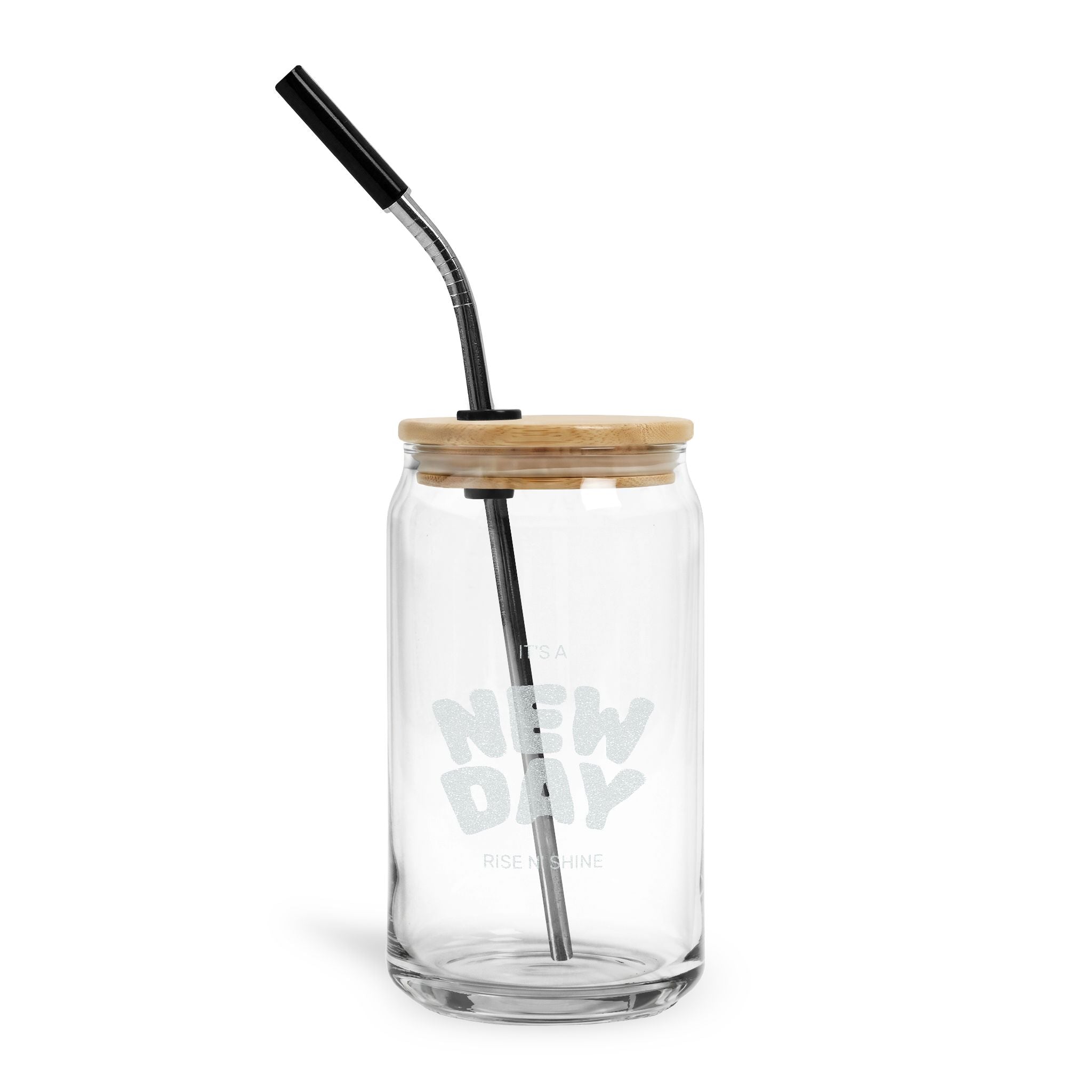 16oz Engraved Can Glass with Lid & Straw — "New Day" Inspirational Drink Jar