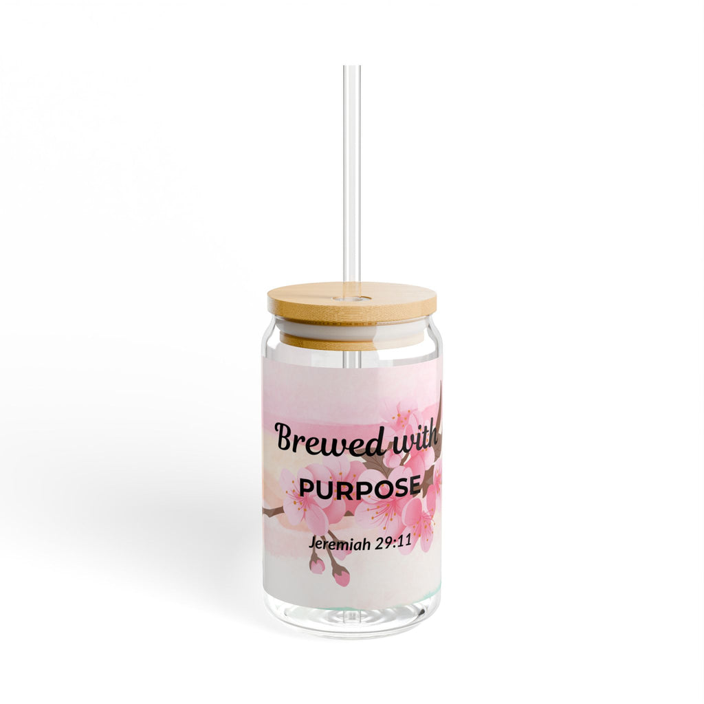 16oz Sipper Glass — "Brewed with Purpose" Floral Christian Tumbler (Jeremiah 29:11)