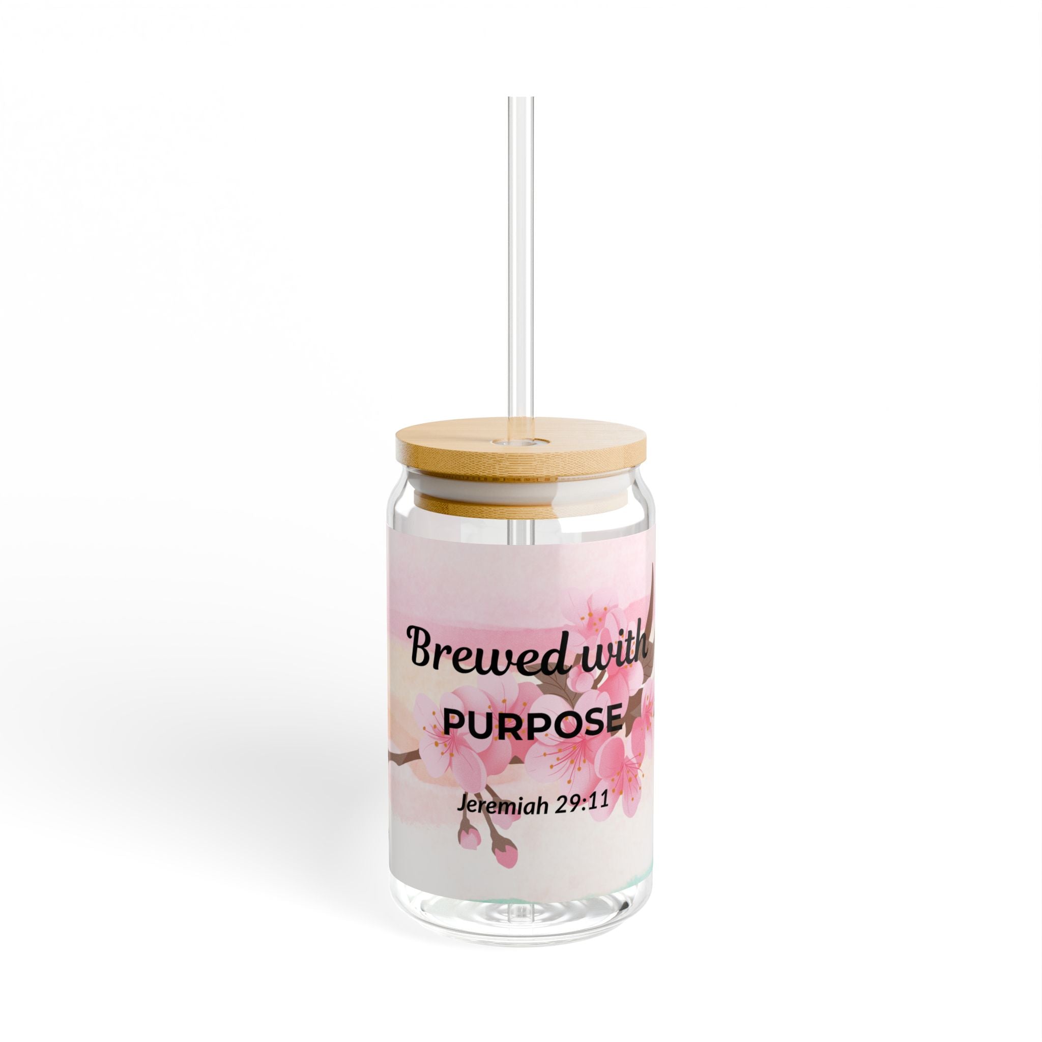 16oz Sipper Glass — "Brewed with Purpose" Floral Christian Tumbler (Jeremiah 29:11)