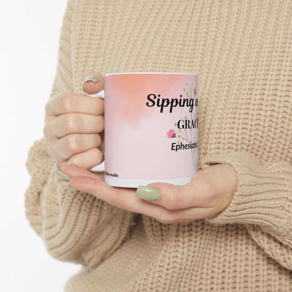 Sipping on His Grace Ceramic Mug — Floral Faith Coffee Cup (Ephesians 2:8)