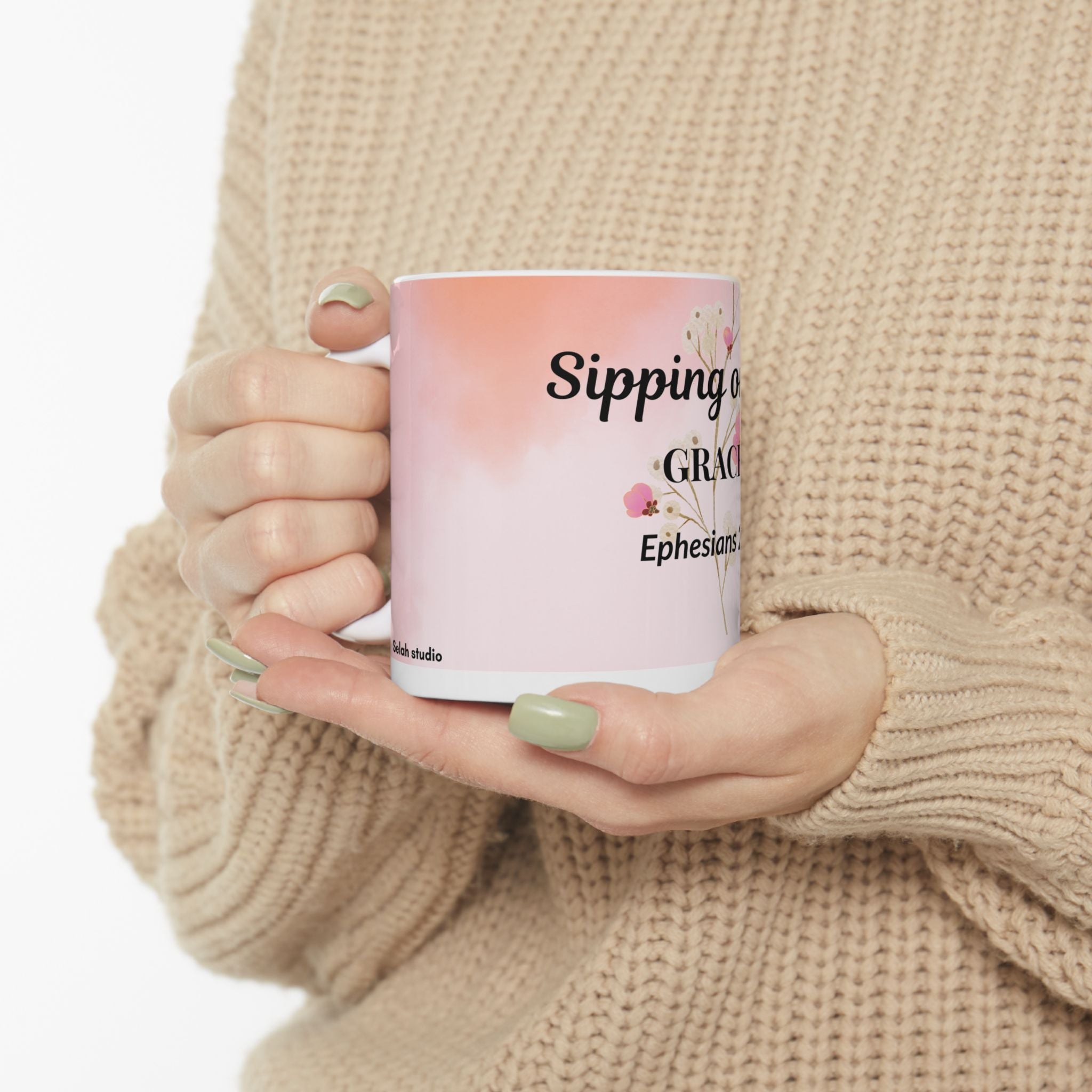 Sipping on His Grace Ceramic Mug — Floral Faith Coffee Cup (Ephesians 2:8)