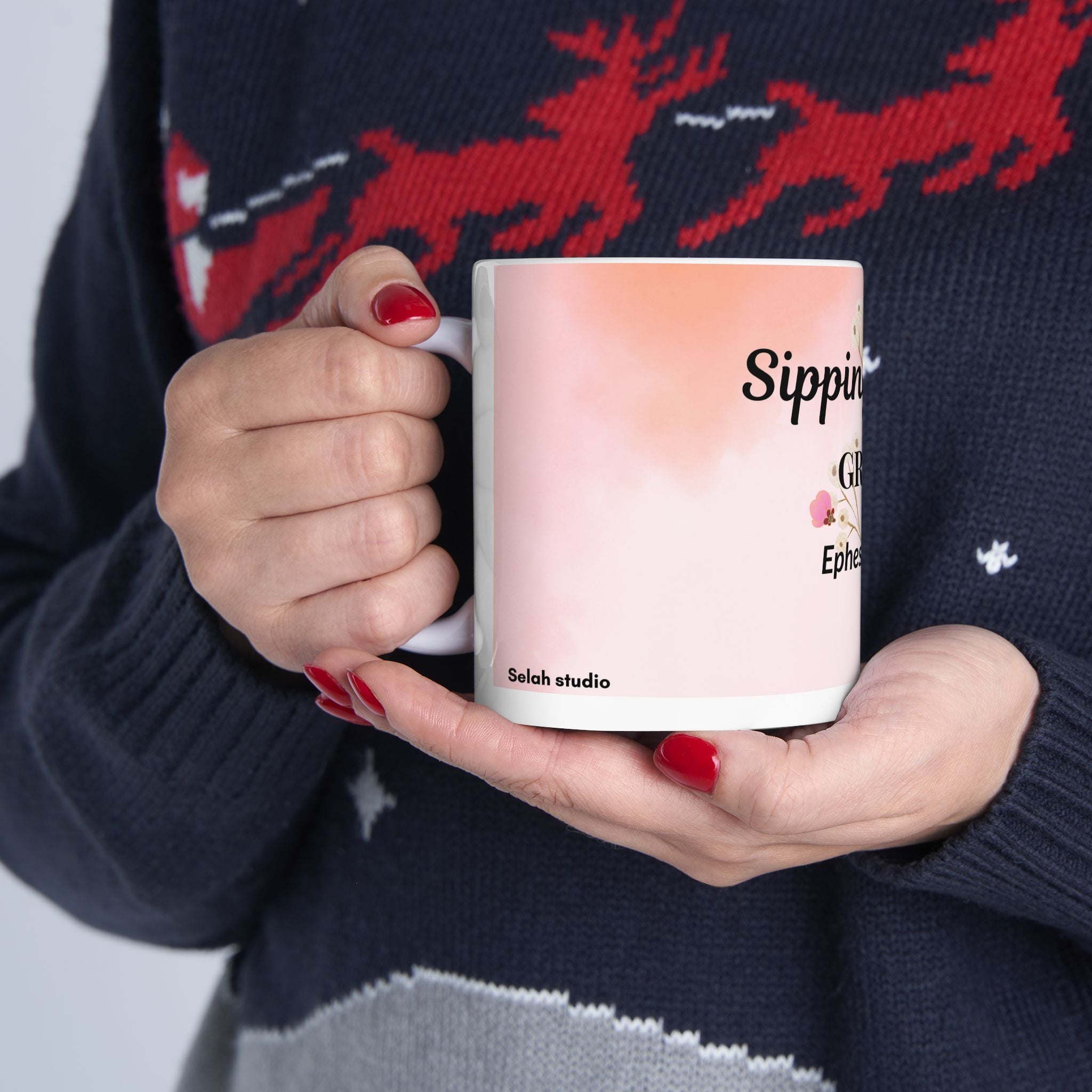 Sipping on His Grace Ceramic Mug — Floral Faith Coffee Cup (Ephesians 2:8)