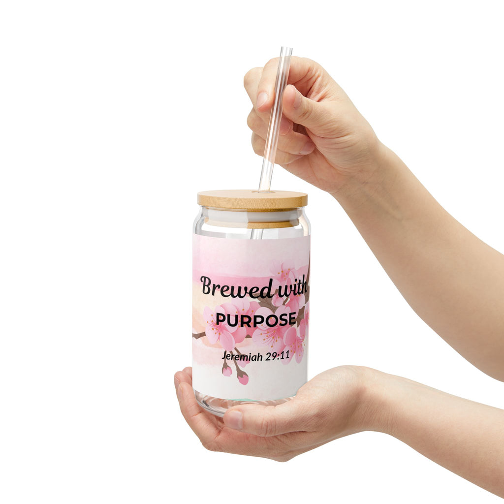 16oz Sipper Glass — "Brewed with Purpose" Floral Christian Tumbler (Jeremiah 29:11)