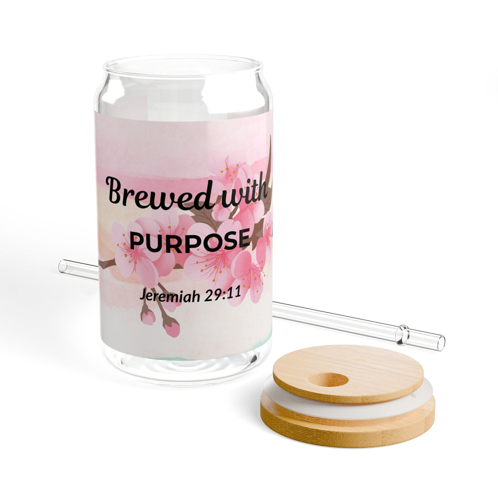 16oz Sipper Glass — "Brewed with Purpose" Floral Christian Tumbler (Jeremiah 29:11)
