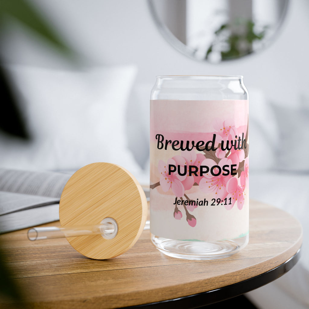 16oz Sipper Glass — "Brewed with Purpose" Floral Christian Tumbler (Jeremiah 29:11)